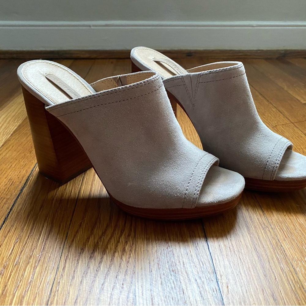 Frye suede cream mules with block heel